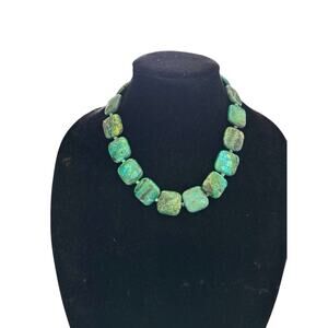 Handcrafted Blue & Green Square Chrysocolla Stone Necklace 19” 925 Clasp